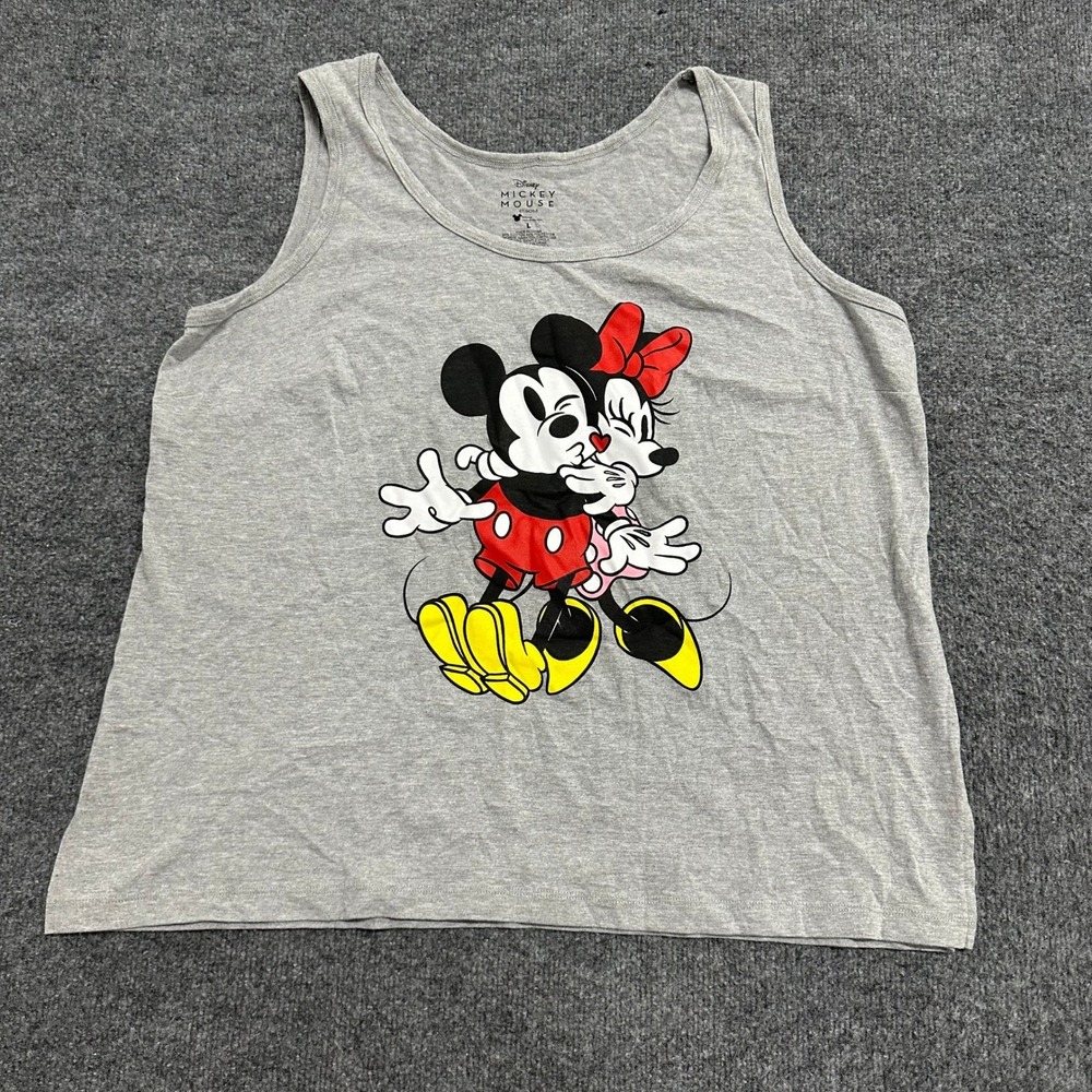 Disney Tank Top Womens Size L Gray Mickey Minnie Mouse Kissing Graphic Casual